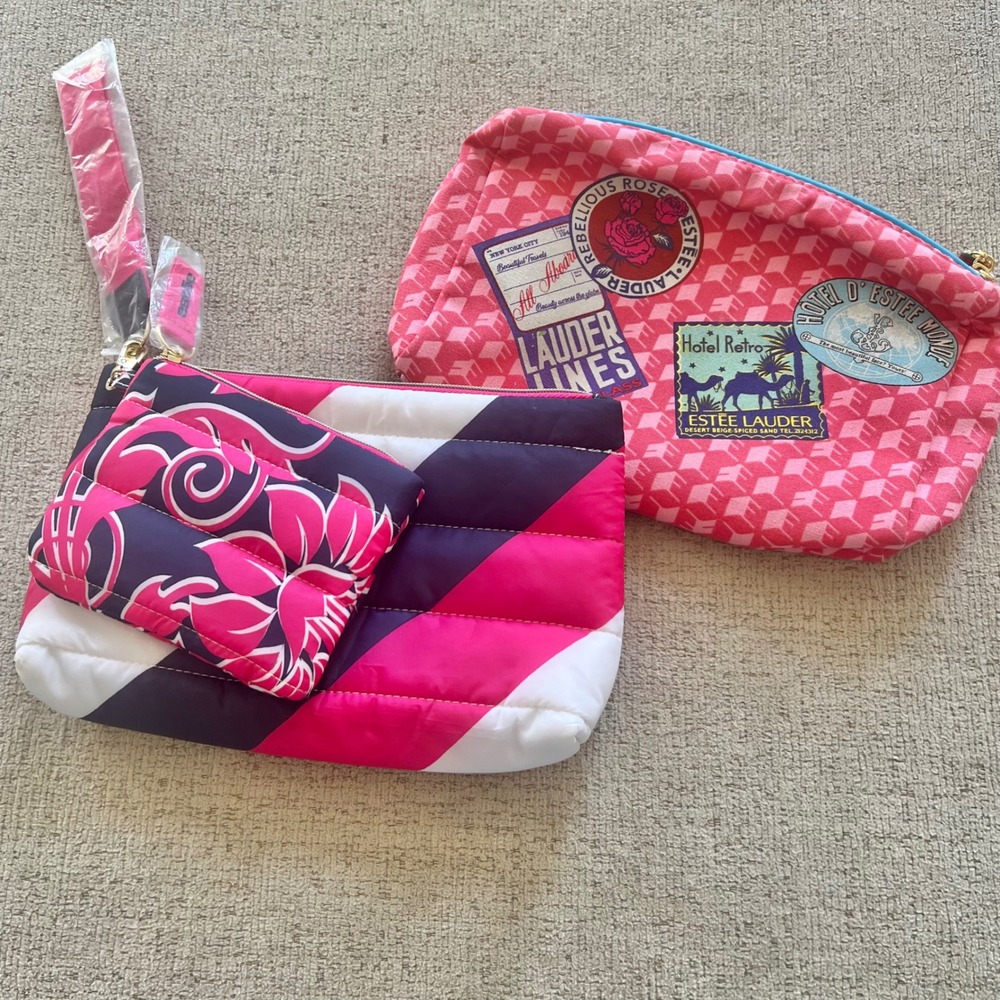 Estee Lauder 3 Piece Makeup Bag Set Puffer Striped Floral Travel Pouch Pink